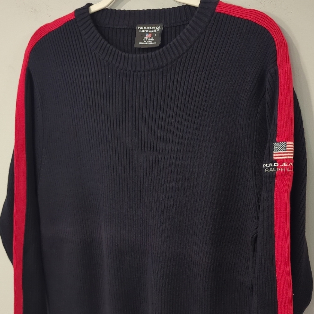 Tommy Hilfiger Black Ribbed Sweater with Red‎ Stripes size Large 100% Cotton image 2